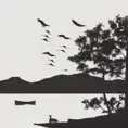 A Silhouette of a lakefront with a cabin and lots of forests.  It should be in greyscale and there is a canoe on the water.  The bottom of the image should have a shoreline with some boulders and rocks and some weeds.  There is a duck on the water.  The canoe is on shore with no people around., Doodle, Minimalism, Sketch
