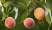 A single peach hanging from its stem from a peach tree with a white background., 8k, High Definition, Highly Detailed