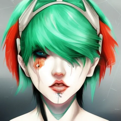 batgril, Aesthetic, Ultra Detailed, Full Body, Cyberpunk, Freckles, Green Hair, Perfect Face, Red Hair, Rosy Cheeks, Soft Details, Symmetrical Face, Somber