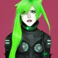batgril, Aesthetic, Ultra Detailed, Full Body, Cyberpunk, Freckles, Green Hair, Perfect Face, Red Hair, Rosy Cheeks, Soft Details, Symmetrical Face, Somber
