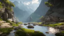 Lake in mountains streams and rivers flow down slopes of mountains and rocks into the valley spring in mountains, 8k, Award-Winning, Highly Detailed, Beautiful, Octane Render, Unreal Engine, Radiant, Volumetric Lighting by Greg Rutkowski