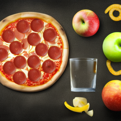A pepperoni pizza, an apple, a mandarin and a glass of lemonade, Photo Realistic