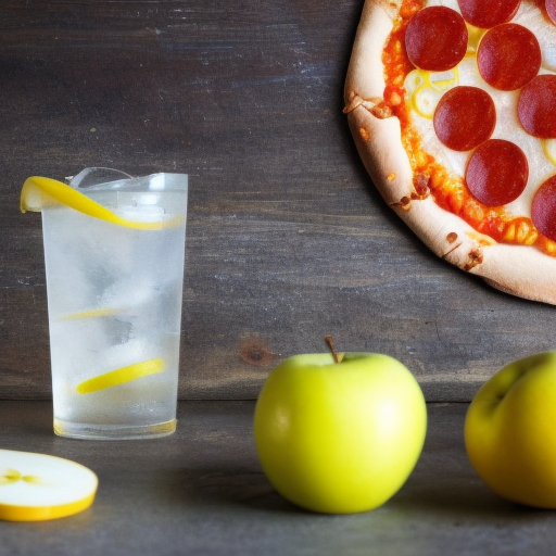 A pepperoni pizza, an apple, a mandarin and a glass of lemonade with lemons, Closeup