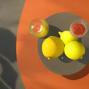 A pepperoni pizza, an apple, an orange and a glass of lemonade with lemon garnish, Photo Realistic, Octane Render, Unreal Engine, Centered