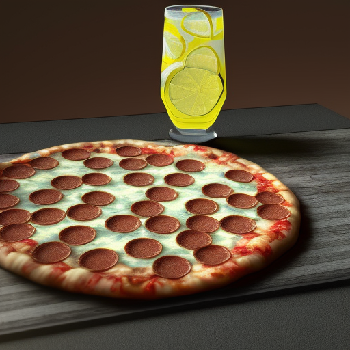 A pepperoni pizza and a glass of lemonade with lemons, Photo Realistic, Octane Render, Unreal Engine, Centered