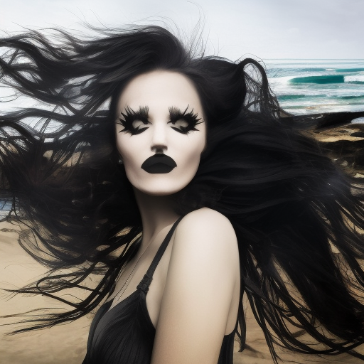 A girl standing on a beach in California wind in her hair, Goth, Hyper Realistic
