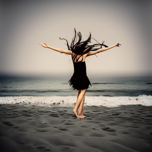 A girl standing on a beach in California wind in her hair . No  deformation no disfigured , Goth, Hyper Realistic