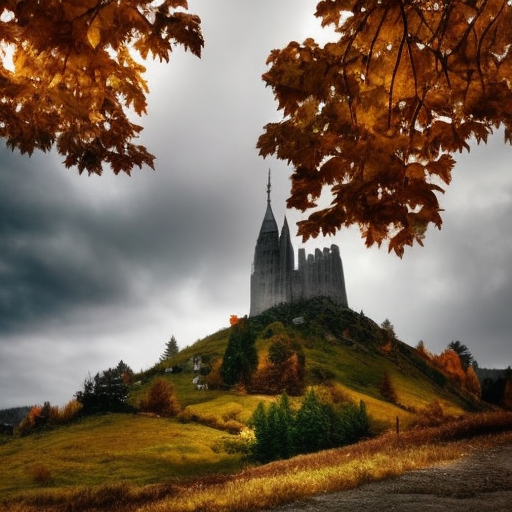A city build over a mountain. With a giant tower build over near three hills that go over the clouds., Atmospheric, Magical, Epic, Autumn, Cloudy Day, LOTR, Landscape, Ecstatic