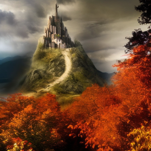 A city build over a mountain. With a giant babel tower build over near three hills that go over the clouds., Atmospheric, Magical, Epic, Autumn, Cloudy Day, LOTR, Landscape, Ecstatic
