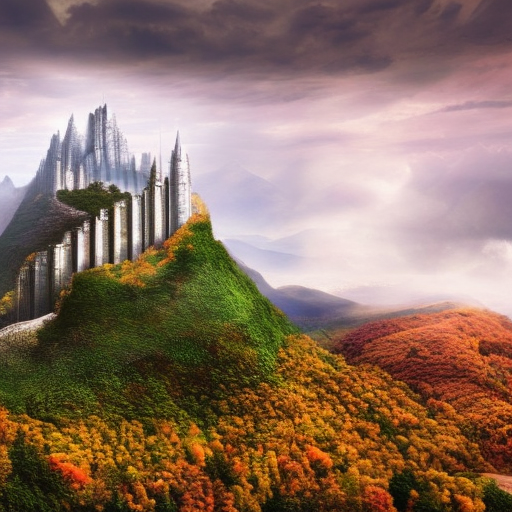 A city build inside a mountain. With a giant babel tower build over near three hills that go over the clouds., Atmospheric, Magical, Epic, Autumn, Cloudy Day, LOTR, Landscape, Ecstatic