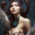 Matte portrait of Nidalee from League of Legends with wings and tattoos, 8k, Highly Detailed, Powerful, Alluring, Artstation, Magical, Digital Painting, Photo Realistic, Sharp Focus, Volumetric Lighting, Concept Art by Stanley Artgerm Lau, Alphonse Mucha, Greg Rutkowski