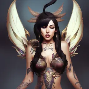 Matte portrait of Nidalee from League of Legends with wings and tattoos, 8k, Highly Detailed, Powerful, Alluring, Artstation, Magical, Digital Painting, Photo Realistic, Sharp Focus, Volumetric Lighting, Concept Art by Stanley Artgerm Lau, Alphonse Mucha, Greg Rutkowski