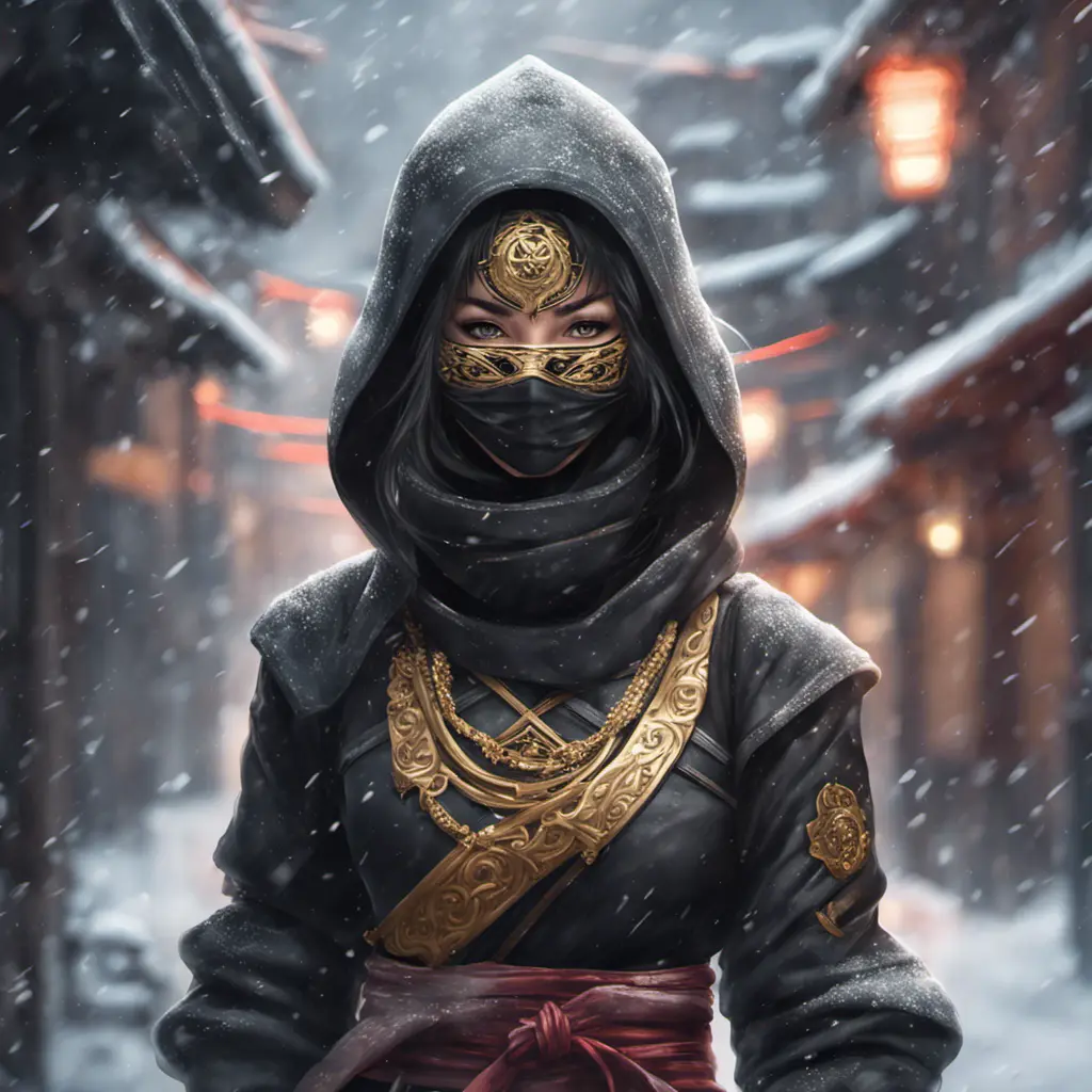 Wallpaper of a mysterious beautiful masked kunoichi ninja wearing eyeliner and gold jewelry in the streets of a dark snowy town in moscow, fluid motion, 8k, Intricate Details, Trending on Artstation, Beautiful, Stunning, Centered by Stanley Artgerm Lau, WLOP