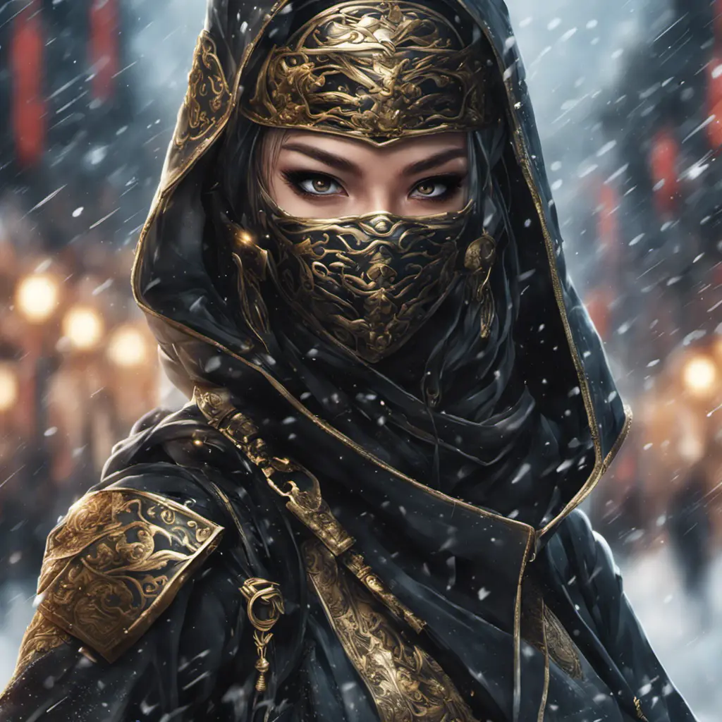 Wallpaper of a mysterious beautiful masked kunoichi ninja wearing eyeliner and gold jewelry in the streets of a dark snowy town in moscow, fluid motion, 8k, Intricate Details, Trending on Artstation, Beautiful, Stunning, Centered by Stanley Artgerm Lau, WLOP