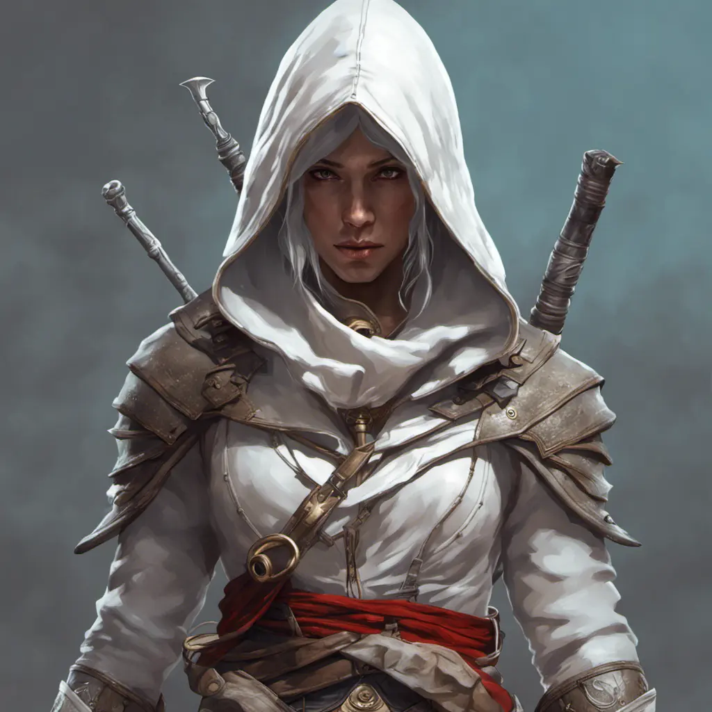 White hooded female assassin from Assassin's Creed, Highly Detailed, Unreal Engine, Volumetric Lighting, Vibrant Colors, Ink Art, Fantasy, Dark by Peter Mohrbacher