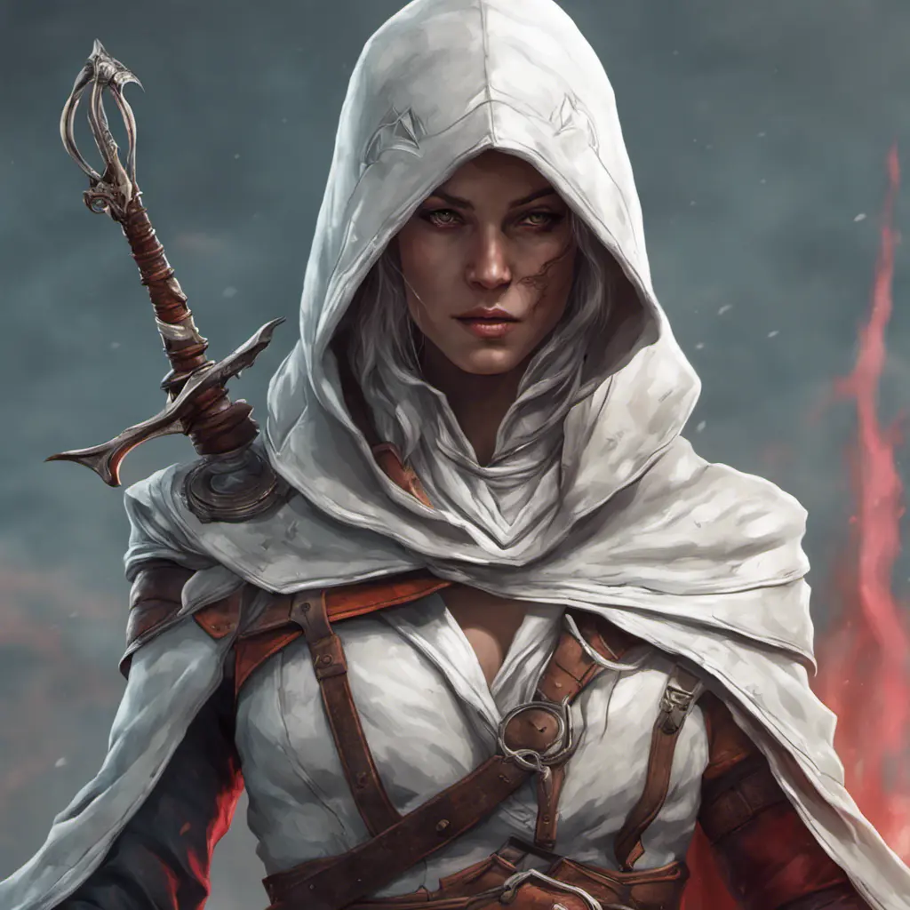 White hooded female assassin from Assassin's Creed, Highly Detailed, Unreal Engine, Volumetric Lighting, Vibrant Colors, Ink Art, Fantasy, Dark by Peter Mohrbacher