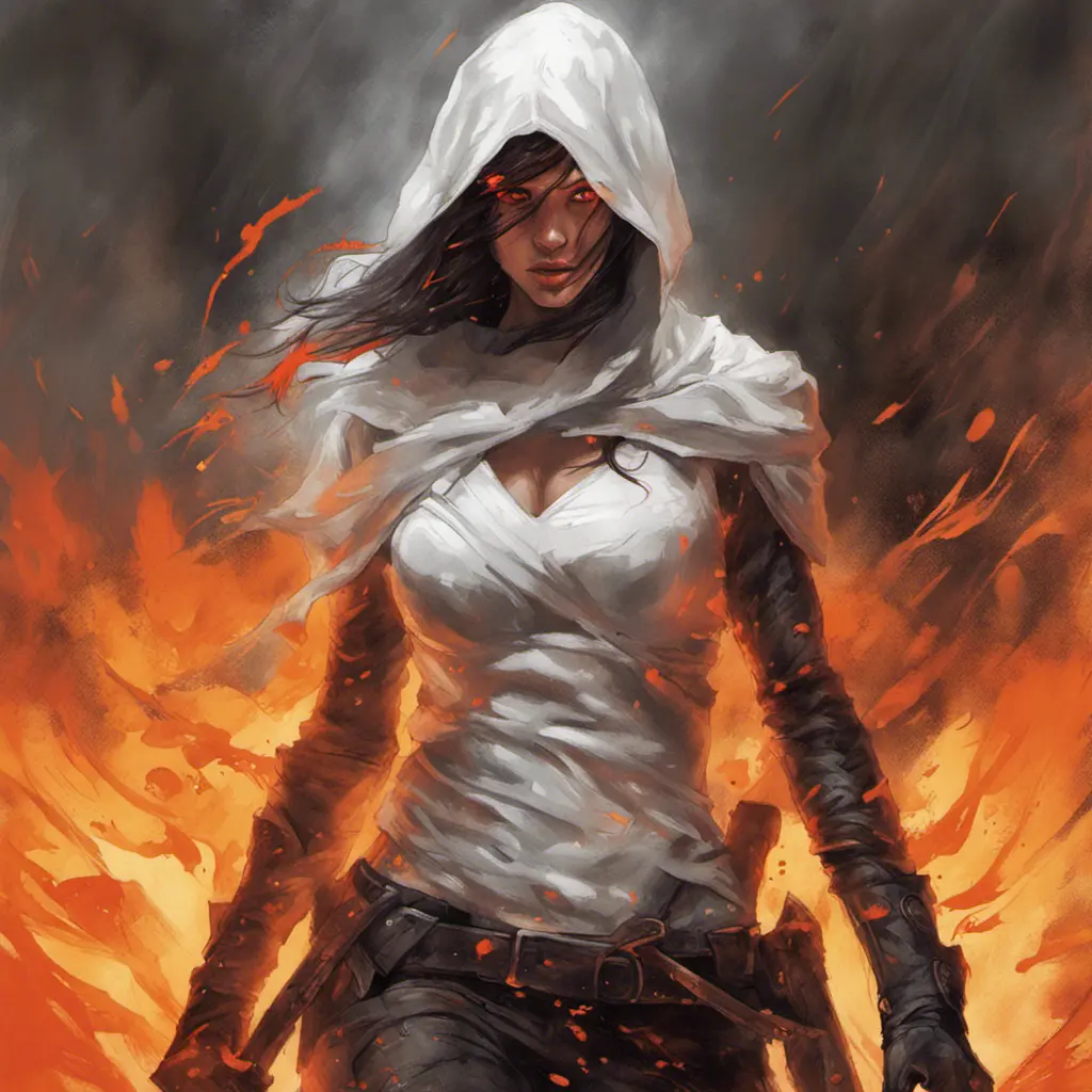 Female White Assassin emerging from a firey fog of battle, ink splash, Highly Detailed, Vibrant Colors, Ink Art, Fantasy, Dark by Stanley Artgerm Lau