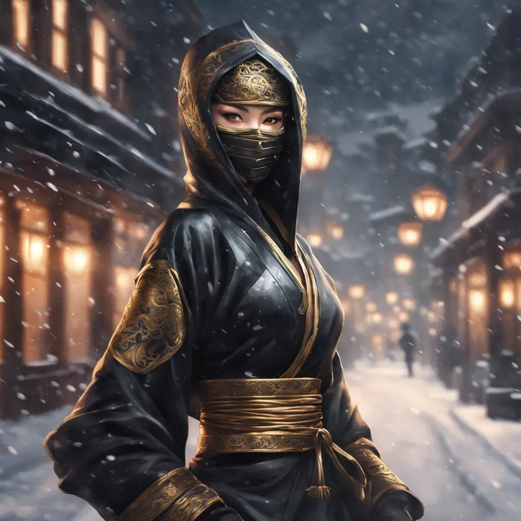 Wallpaper of a mysterious beautiful masked kunoichi ninja wearing eyeliner and gold jewelry in the streets of a dark snowy town in moscow, fluid motion, 8k, Intricate Details, Trending on Artstation, Beautiful, Stunning, Centered by Stanley Artgerm Lau, WLOP