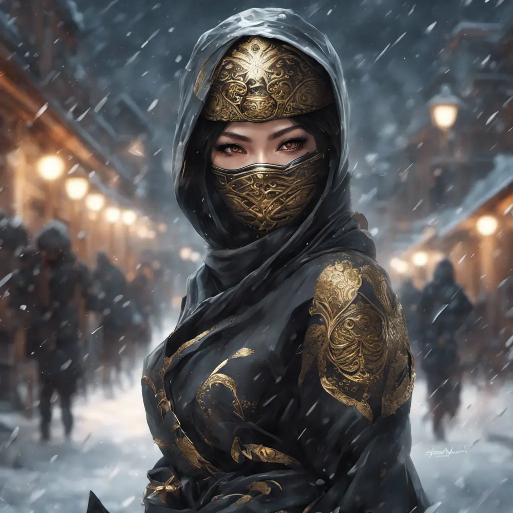 Wallpaper of a mysterious beautiful masked kunoichi ninja wearing eyeliner and gold jewelry in the streets of a dark snowy town in moscow, fluid motion, 8k, Intricate Details, Trending on Artstation, Beautiful, Stunning, Centered by Stanley Artgerm Lau, WLOP