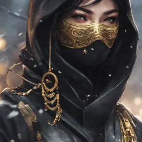8k wallpaper of a mysterious beautiful masked kunoichi ninja wearing eyeliner and gold jewelry in the streets of a dark snowy town in moscow, fluid motion, 8k, Intricate Details, Trending on Artstation, Beautiful, Stunning by Stanley Artgerm Lau, WLOP