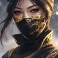 Wallpaper of a mysterious beautiful masked kunoichi ninja wearing eyeliner and gold jewelry in the streets of a dark snowy town in moscow, fluid motion, 8k, Intricate Details, Trending on Artstation, Beautiful, Stunning, Centered by Stanley Artgerm Lau, WLOP