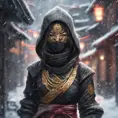 Wallpaper of a mysterious beautiful masked kunoichi ninja wearing eyeliner and gold jewelry in the streets of a dark snowy town in moscow, fluid motion, 8k, Intricate Details, Trending on Artstation, Beautiful, Stunning, Centered by Stanley Artgerm Lau, WLOP