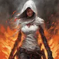 Female White Assassin emerging from a firey fog of battle, ink splash, Highly Detailed, Vibrant Colors, Ink Art, Fantasy, Dark by Stanley Artgerm Lau