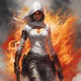 Female White Assassin emerging from a firey fog of battle, ink splash, Highly Detailed, Vibrant Colors, Ink Art, Fantasy, Dark by Stanley Artgerm Lau
