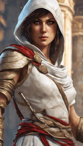 Closeup of Kassandra from Assassins Creed in white armor, Highly Detailed, Intricate, Artstation, Beautiful, Digital Painting, Sharp Focus, Concept Art, Elegant by Alphonse Mucha, Greg Rutkowski
