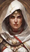 Closeup of Kassandra from Assassins Creed in white armor, Highly Detailed, Intricate, Artstation, Beautiful, Digital Painting, Sharp Focus, Concept Art, Elegant by Alphonse Mucha, Greg Rutkowski