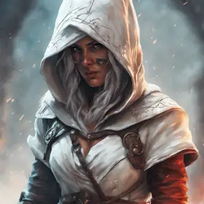 White hooded female assassin from Assassin's Creed, Highly Detailed, Unreal Engine, Volumetric Lighting, Vibrant Colors, Ink Art, Fantasy, Dark by Peter Mohrbacher