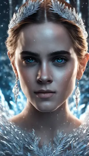 Headshot of a beautiful Emma Watson as an Ice Queen, 8k, Highly Detailed, Intricate, Intricate Artwork, Symmetry, Trending on Artstation, Cinematic Lighting, Octane Render, Iridescence, Abstract colors, Realism by Dan Mumford, Greg Rutkowski, WLOP