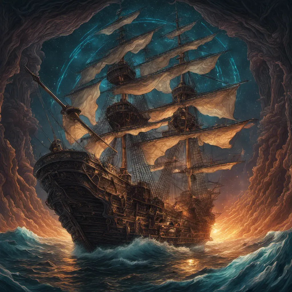 Pirate Ship, Intricate, Ultra Detailed, Symmetry, Beautiful, Sharp Focus, Astrophotography, Centered, Volumetric Lighting by Dan Mumford, Marc Simonetti