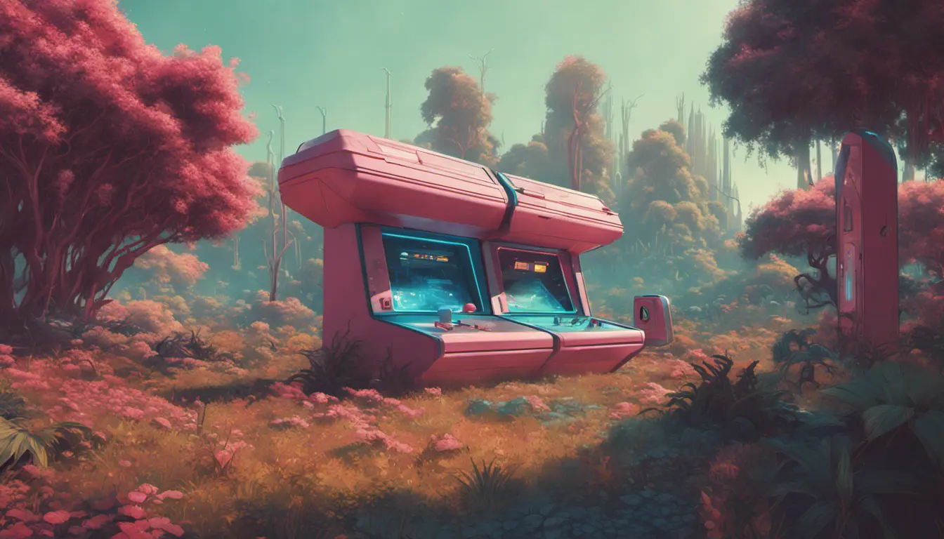 80s futuristic outdoor retro arcade, desolate, lush vegetation, Highly Detailed, Intricate, Artstation, Sharp Focus, Smooth, Octane Render, Centered, Dynamic, Elegant by Beeple, Justin Gerard, James Gilleard, Simon Stalenhag