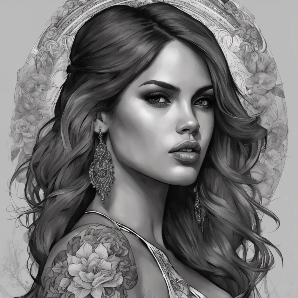 Grayscale portrait of Eiza González with colored tattoos, 4k, Highly Detailed, Hyper Detailed, Powerful, Artstation, Vintage Illustration, Digital Painting, Sharp Focus, Smooth, Concept Art by Alphonse Mucha