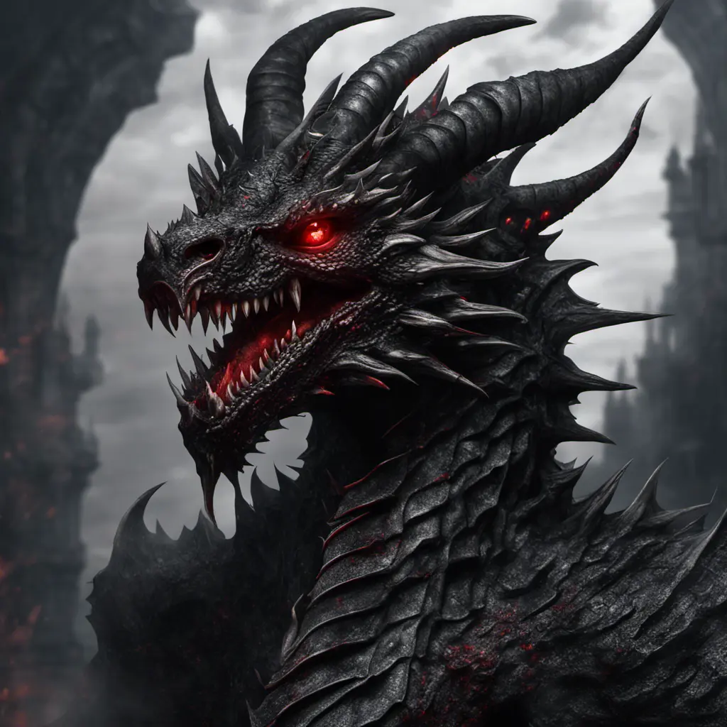 a black dragon with red eyes in 2d, 4k resolution, 8k, HDR, High Definition, High Resolution, Highly Detailed, Hyper Detailed, Ultra Detailed, Closeup of Face, Gothic and Fantasy, Gothic, Horns, Large Eyes, Soft Details, Strong Jaw, Digital Illustration