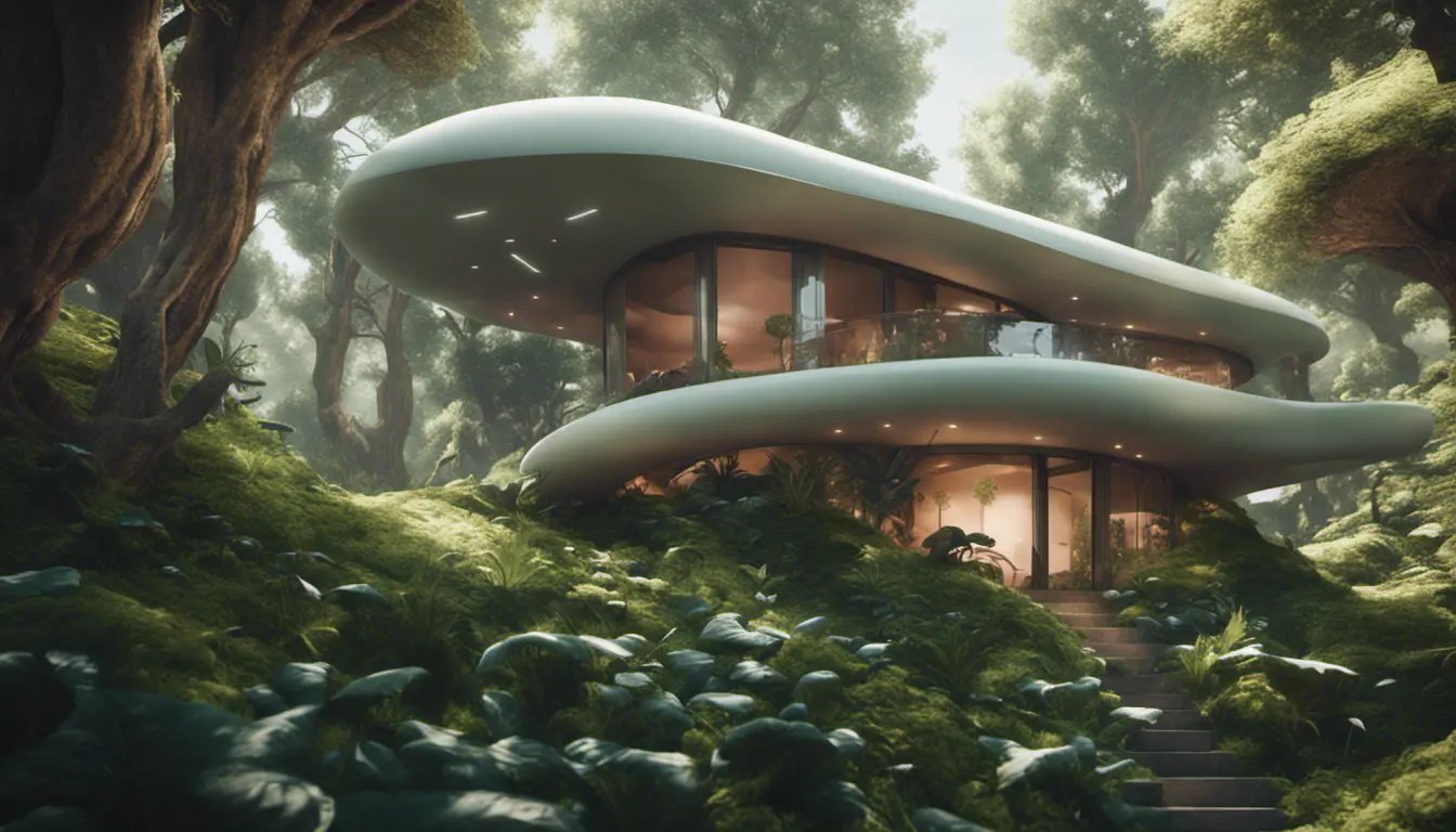 Beautiful futuristic organic house made from imaginary plants in a forest, 8k, Award-Winning, Highly Detailed, Beautiful, Epic, Octane Render, Unreal Engine, Radiant, Volumetric Lighting by Greg Rutkowski