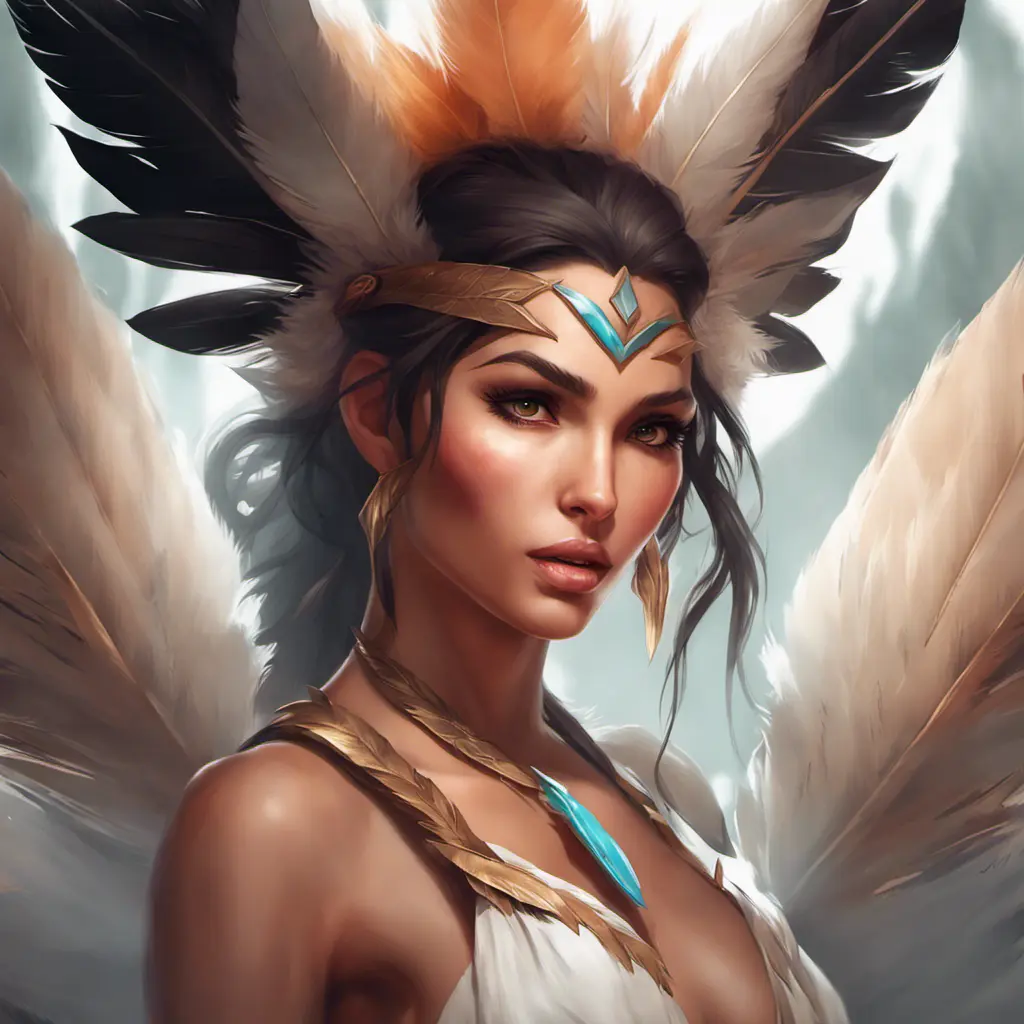 Alluring matte portrait of a beautiful Nidalee wearing feathers, 8k, Highly Detailed, Intricate, Half Body, Realistic, Sharp Focus, Volumetric Lighting, Fantasy, Elegant by Stanley Artgerm Lau, Alphonse Mucha, WLOP