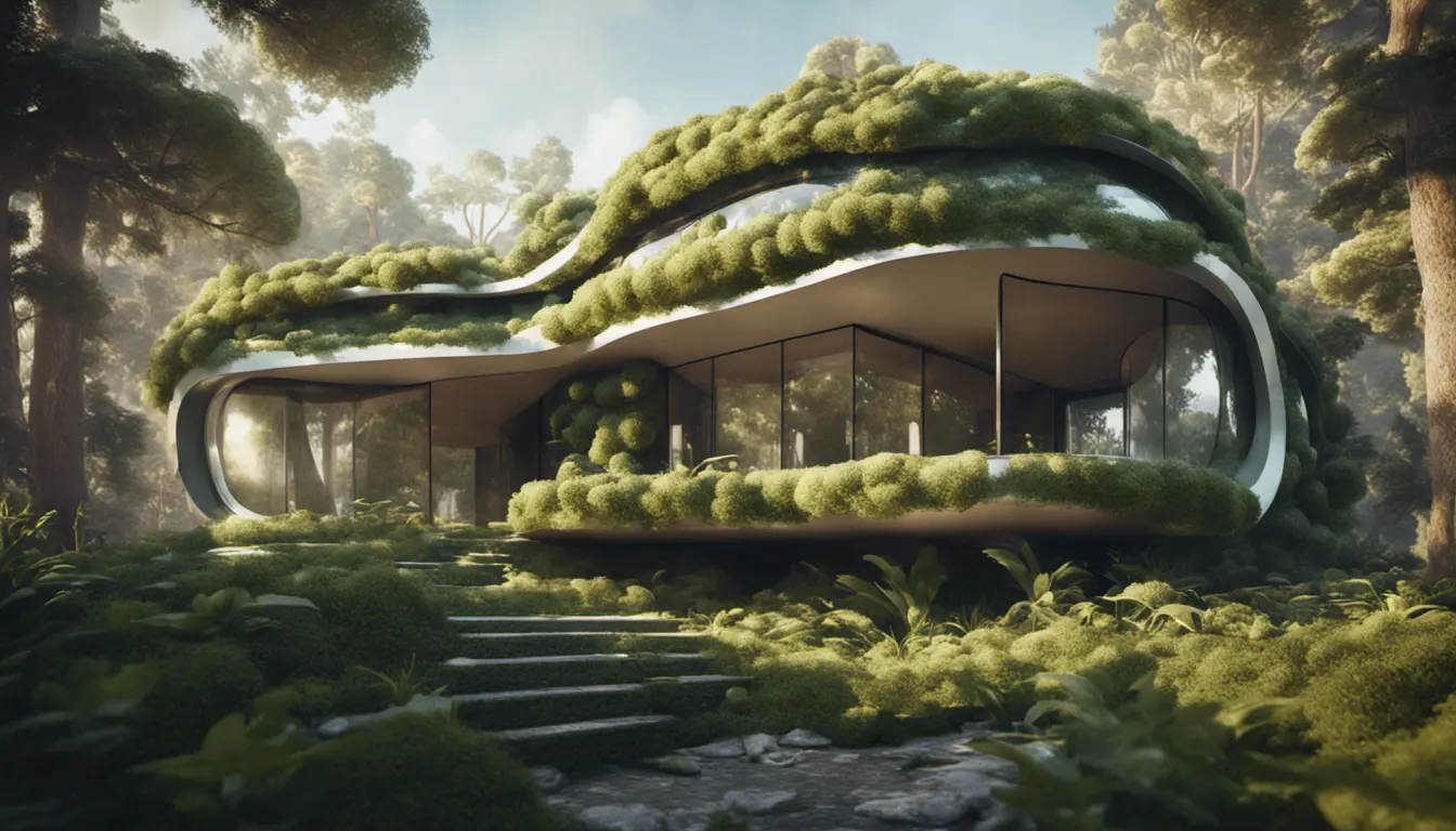 Beautiful futuristic organic house made from imaginary plants in a forest, 8k, Award-Winning, Highly Detailed, Beautiful, Epic, Octane Render, Unreal Engine, Radiant, Volumetric Lighting by Greg Rutkowski