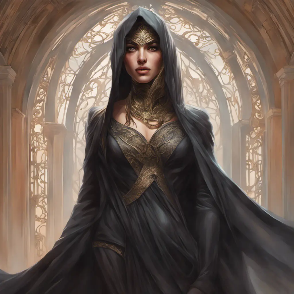 Alluring matte portrait of a beautiful veiled Kassandra wearing a black veil, 8k, Highly Detailed, Intricate, Half Body, Realistic, Sharp Focus, Volumetric Lighting, Fantasy, Elegant by Stanley Artgerm Lau, Alphonse Mucha, WLOP