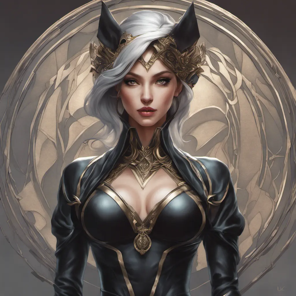 Alluring matte portrait of a beautiful Sona wearing black leather, 8k, Highly Detailed, Intricate, Half Body, Realistic, Sharp Focus, Volumetric Lighting, Fantasy, Elegant by Stanley Artgerm Lau, Alphonse Mucha, WLOP