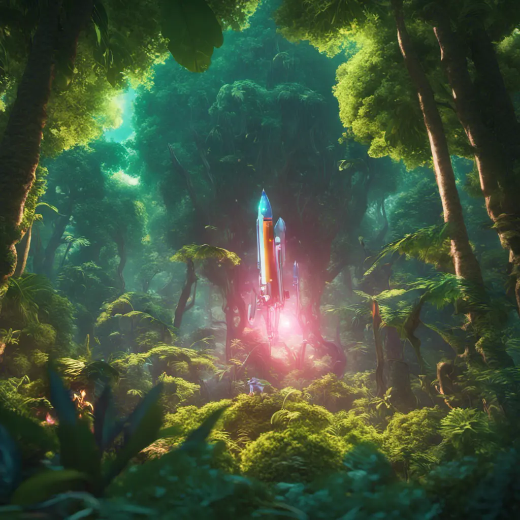 Studio ghibli, rocket explosion, jungle, solar, green technology, optimist future, 8k, Bokeh effect, Cinematic Lighting, Octane Render, Iridescence, Volumetric Lighting, Vibrant by Beeple, Asher Brown Durand, Dan Mumford, Greg Rutkowski, WLOP