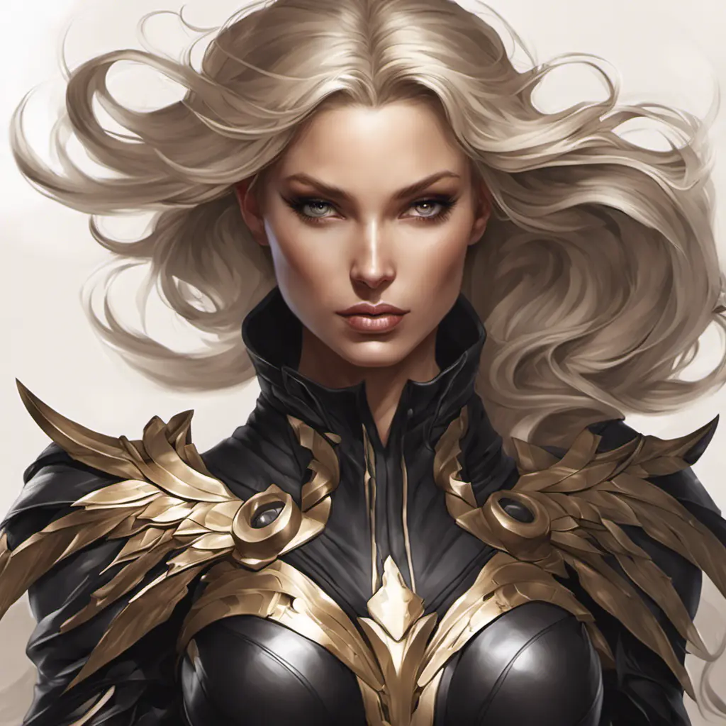 Alluring matte portrait of a beautiful Kayle wearing black leather, 8k, Highly Detailed, Intricate, Half Body, Realistic, Sharp Focus, Volumetric Lighting, Fantasy, Elegant by Stanley Artgerm Lau, Alphonse Mucha, WLOP