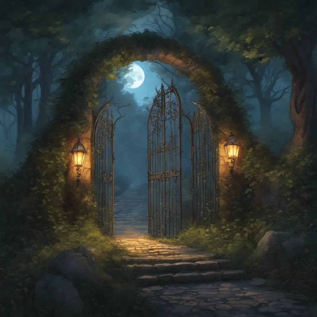 A beautiful digital illustration painting of a detailed gothic fantasy fireflies forest trees and iron gate cobblestone pathway vines full moon, 8k, Artstation, Digital Illustration, Concept Art by Justin Gerard, James Gurney