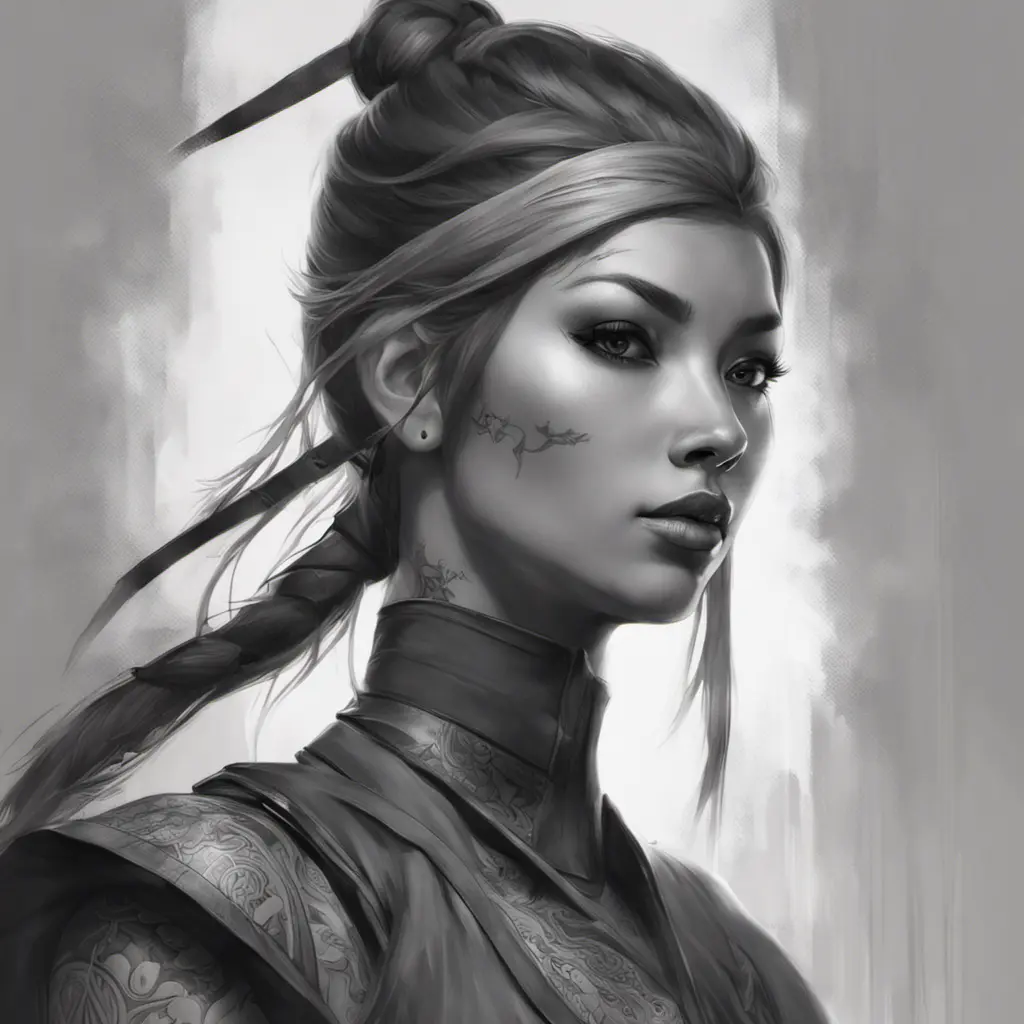 Grayscale matte portrait of a beautiful female ninja with tattoos, 4k, Highly Detailed, Powerful, Alluring, Artstation, Magical, Digital Painting, Photo Realistic, Sharp Focus, Volumetric Lighting, Concept Art by Stanley Artgerm Lau, Alphonse Mucha, Greg Rutkowski