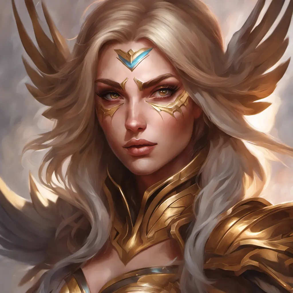 Matte portrait of Kayle from League of Legends with tattoos, 8k, Highly Detailed, Powerful, Alluring, Artstation, Magical, Digital Painting, Photo Realistic, Sharp Focus, Volumetric Lighting, Concept Art by Stanley Artgerm Lau, Alphonse Mucha, Greg Rutkowski