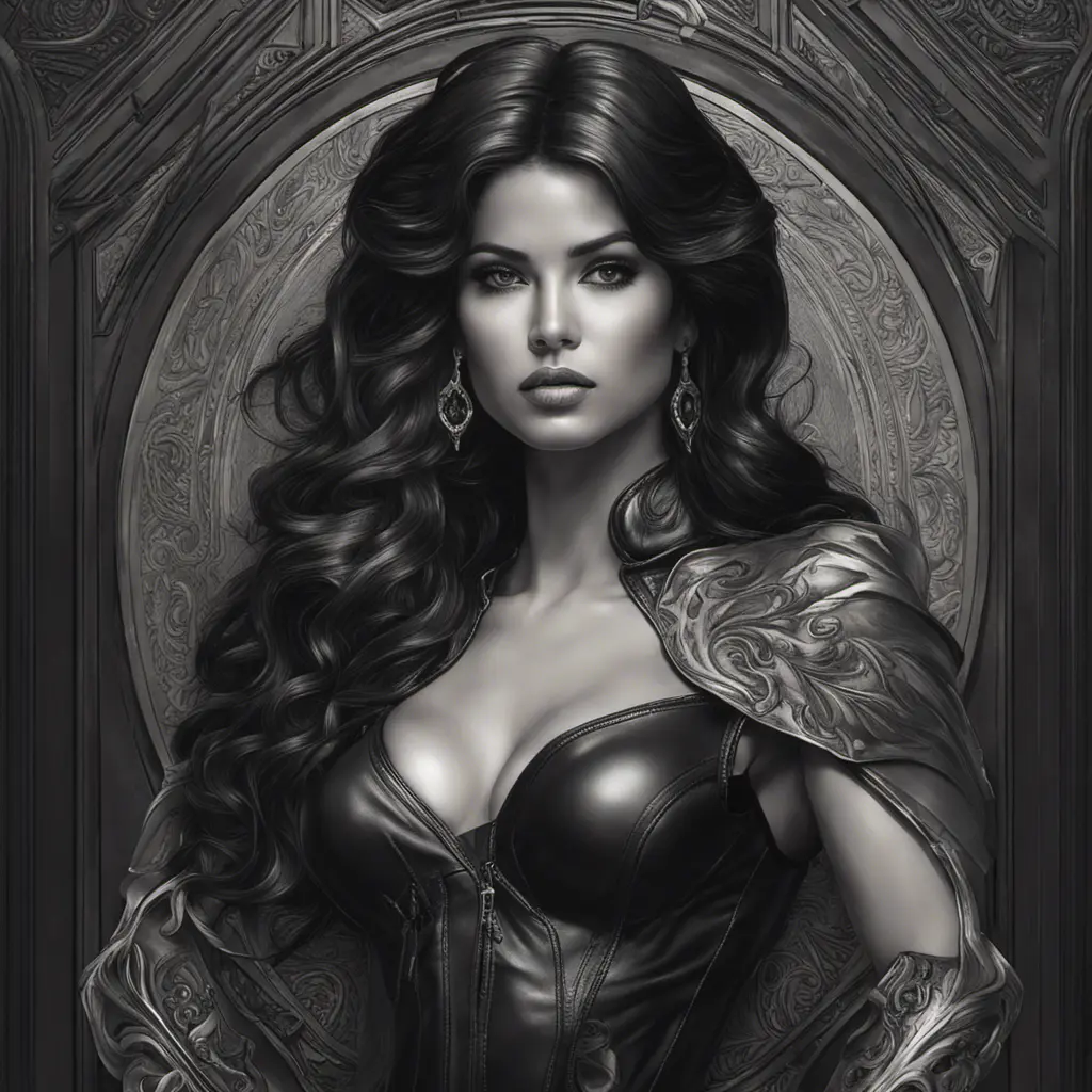 Alluring matte portrait of the beautiful goddess Selena in black leather in the style of Stefan Kostic, 8k, Highly Detailed, Intricate, Realistic, Sharp Focus, Volumetric Lighting, Fantasy, Elegant by Stanley Artgerm Lau, Alphonse Mucha, WLOP