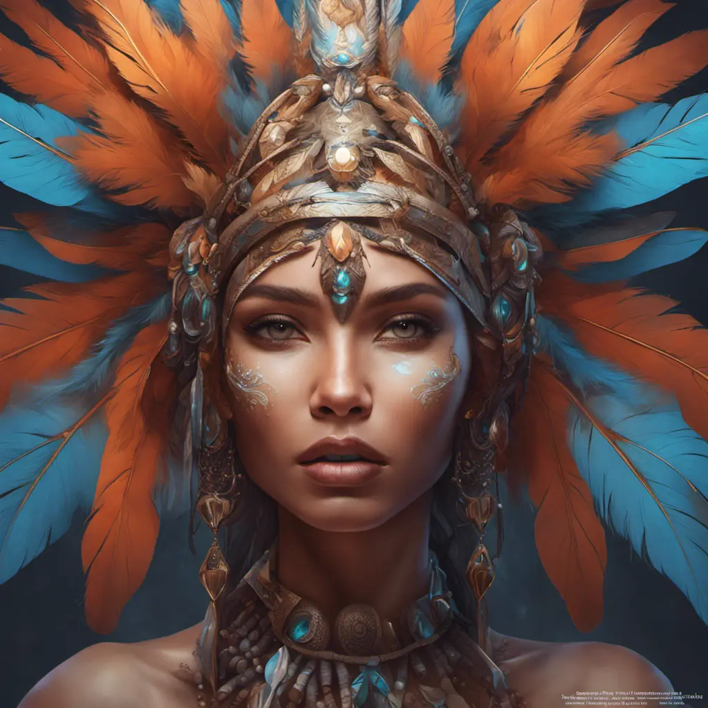 A visionary painting of a single alluring electronic mystical tribal goddess surrounded by feathers and gemstones, 8k, Highly Detailed, Intricate, Artstation, Matte Painting, Sharp Focus, Volumetric Lighting, Concept Art by Stanley Artgerm Lau, Greg Rutkowski