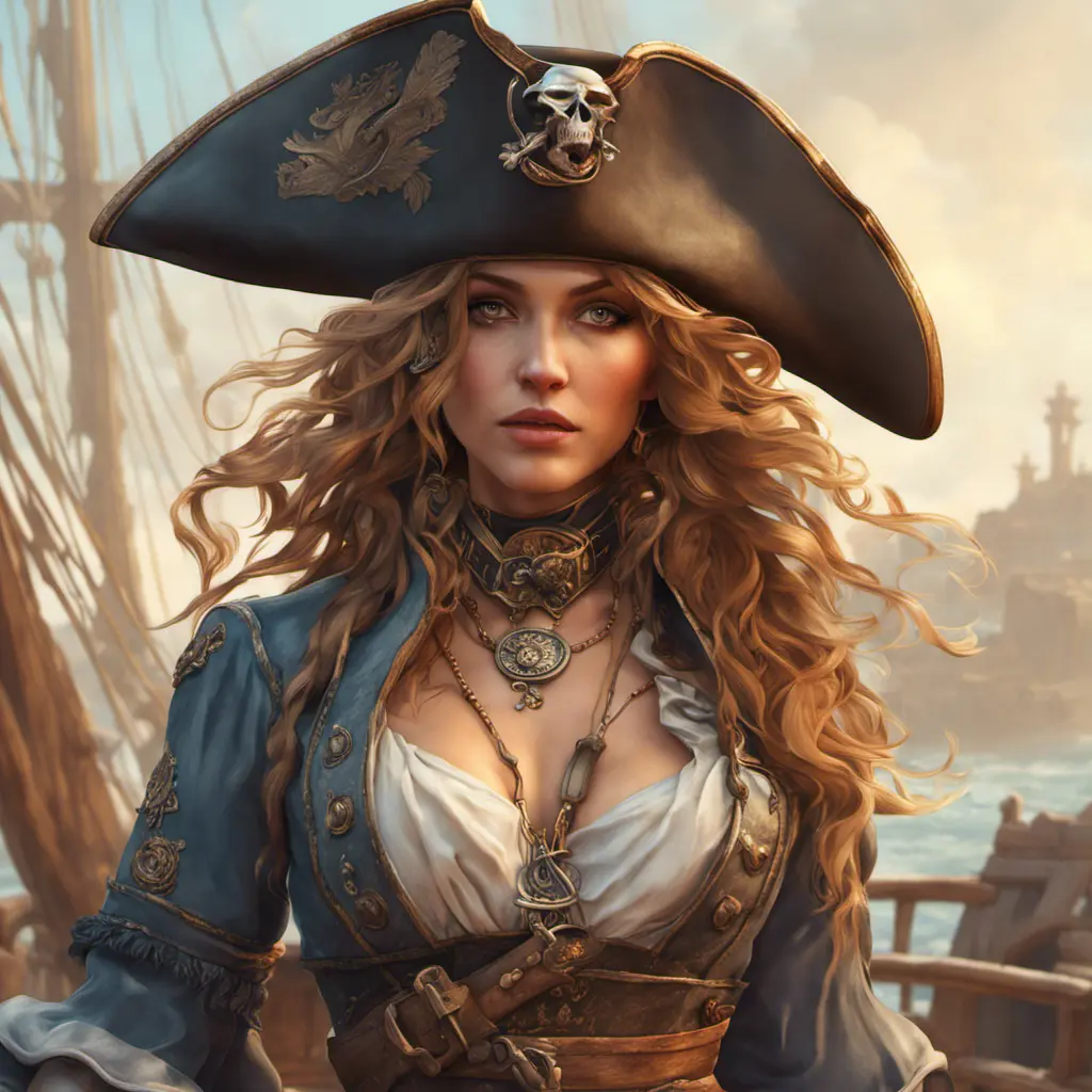 Alluring matte portrait of a beautiful female Pirate, 8k, Highly Detailed, Intricate, Half Body, Realistic, Sharp Focus, Volumetric Lighting, Fantasy, Elegant by Alphonse Mucha