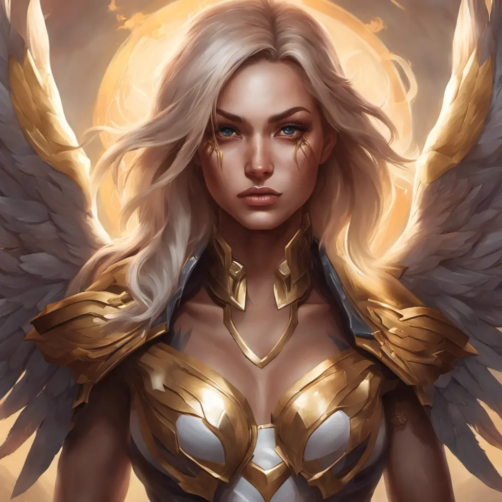 Matte portrait of Kayle from League of Legends with tattoos, 8k, Highly Detailed, Powerful, Alluring, Artstation, Magical, Digital Painting, Photo Realistic, Sharp Focus, Volumetric Lighting, Concept Art by Stanley Artgerm Lau, Alphonse Mucha, Greg Rutkowski